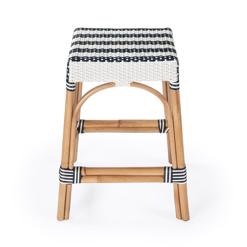 Home Square Navy & White Rattan Counter Stool - Set of 3
