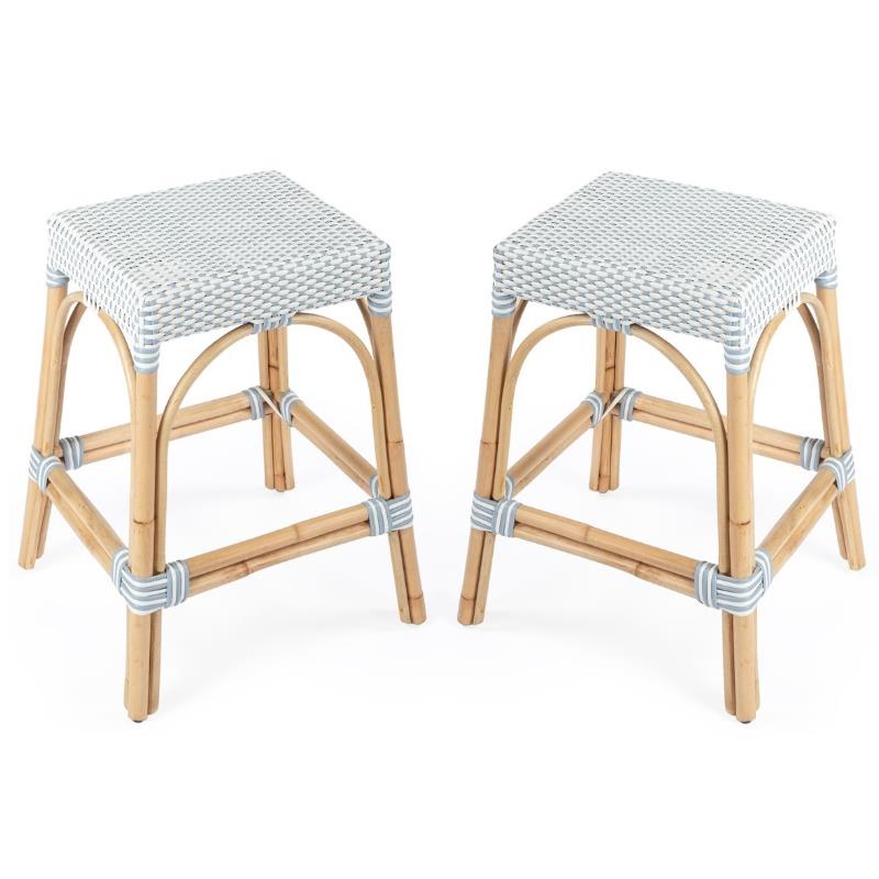 Home Square Twilight Blue & White Rattan Counter Stool - Set of 2