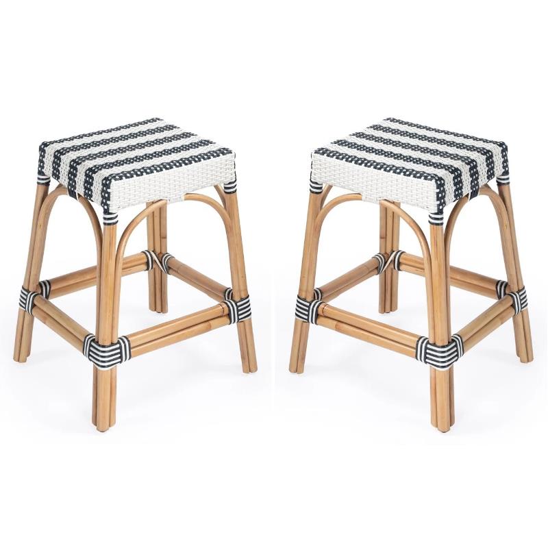 Home Square Navy & White Rattan Counter Stool - Set of 2