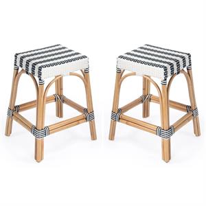 Home Square Navy & White Rattan Counter Stool - Set of 2