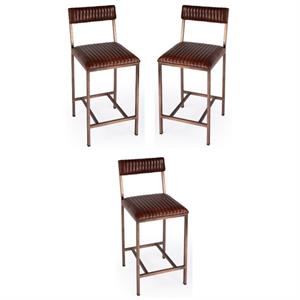 Home Square 24&quot Modern Leather Counter Stool in Brown - Set of 3