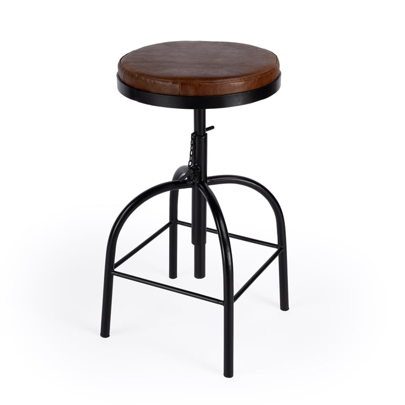 Home Square Leather Adjustable Bar Stool in Brown - Set of 3