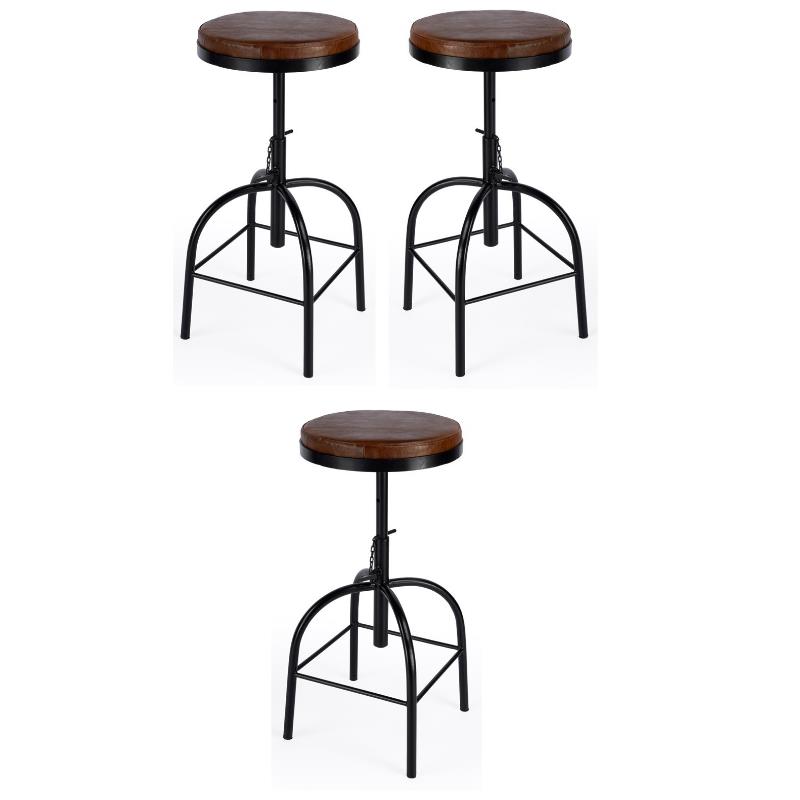 Home Square Leather Adjustable Bar Stool in Brown - Set of 3