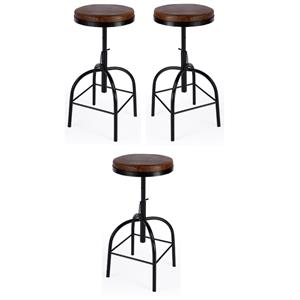 Home Square Leather Adjustable Bar Stool in Brown - Set of 3
