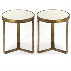 Home Square 18&quot Round Marble Top Accent End Table in White - Set of 2