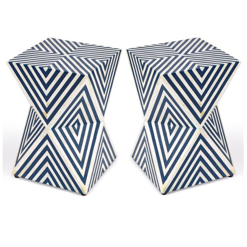 Home Square End Table in Blue and White - Set of 2