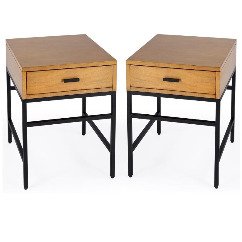Home Square 1-Drawer Natural Wood and Iron End Table - Set of 2