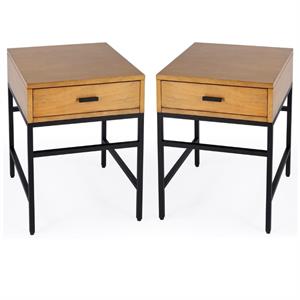 Home Square 1-Drawer Natural Wood and Iron End Table - Set of 2