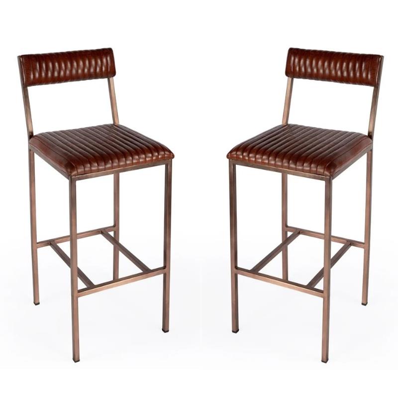 Home Square Iron and Leather Cushioned Bar Stool - Set of 2