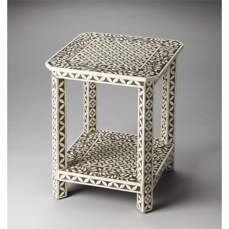 Home Square Bone Inlay Square End Table in Brown Bone Inlay - Set of 2