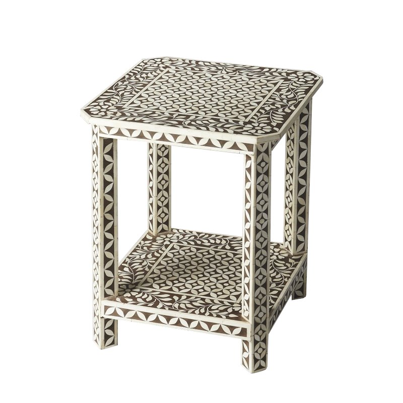 Home Square Bone Inlay Square End Table in Brown Bone Inlay - Set of 2