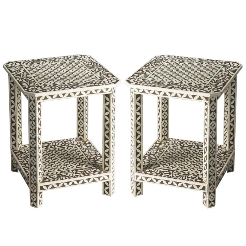 Home Square Bone Inlay Square End Table in Brown Bone Inlay - Set of 2