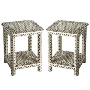Home Square Bone Inlay Square End Table in Brown Bone Inlay - Set of 2
