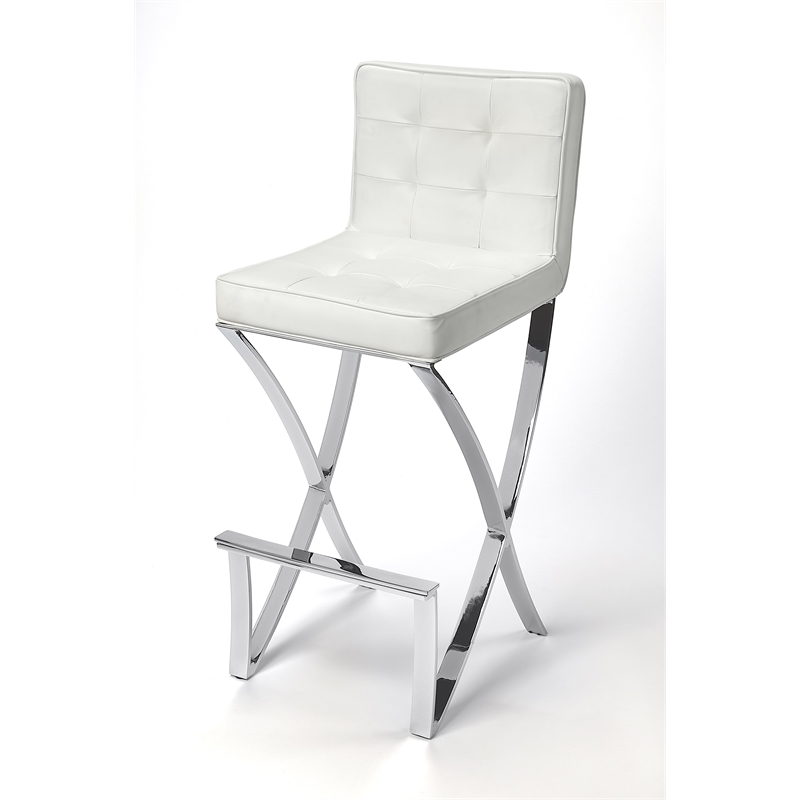 Home Square Chrome Plated Faux Leather Bar Stool in White - Set of 2