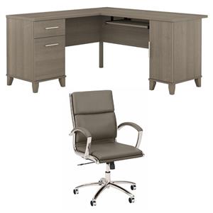 home square 2-piece set with 60w l shaped desk & mid back leather office chair