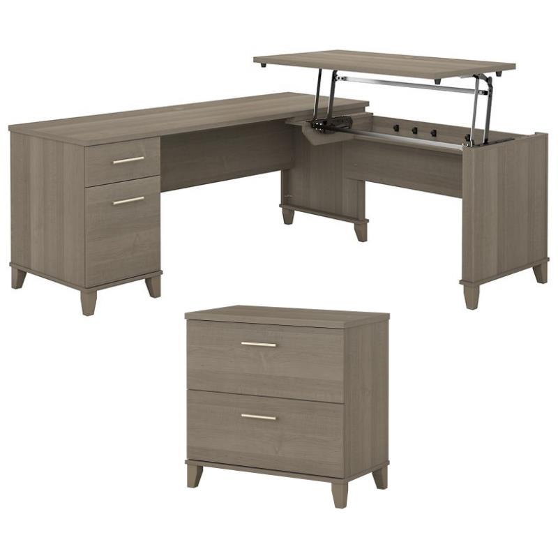Home Square 2-Piece Set with L Desk & 2 Drawer File Cabinet in Ash Gray