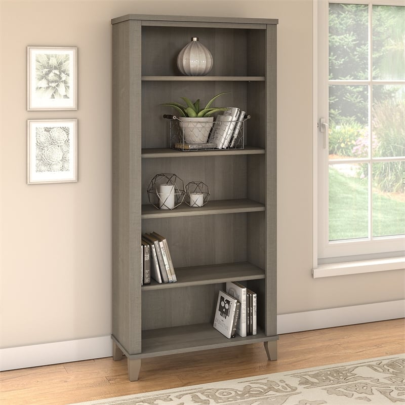 Home Square 2-Piece Set with L Desk & 5 Shelf Bookcase in Ash Gray