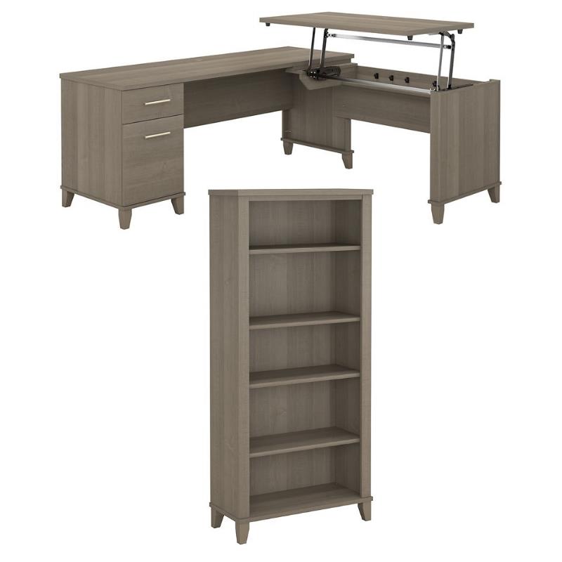 Home Square 2-Piece Set with L Desk & 5 Shelf Bookcase in Ash Gray