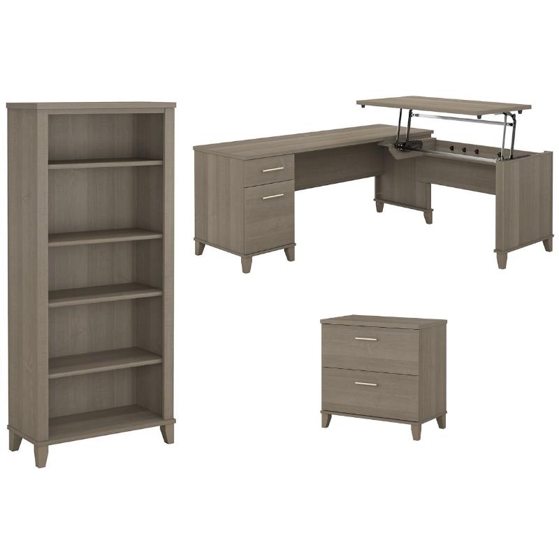 Home Square 3-Piece Set with L Desk File Cabinet & Bookcase in Ash Gray