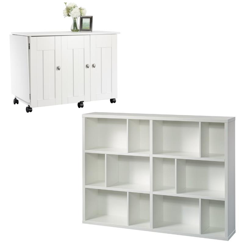 Home Square 2-Piece Set with Craft Table & Horizontal Bookcase in Soft White