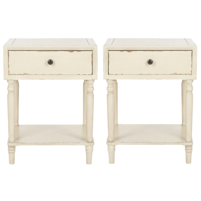 Home Square Poplar Wood Night Table in Distressed Vanilla - Set of 2