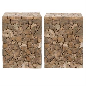 Home Square Teak 16&quotH Square Stool in Brown - Set of 2