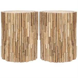 Home Square Teak 18&quotH Round Stool in Brown Finish- Set of 2