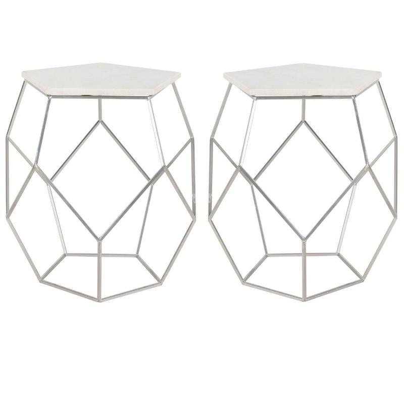 Home Square Abella Marble Top Accent End Table in Silver - Set of 2