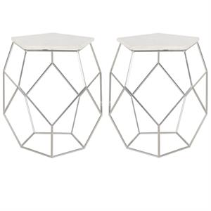 Home Square Abella Marble Top Accent End Table in Silver - Set of 2