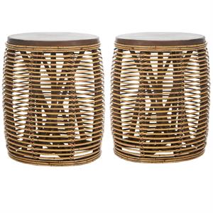 Home Square 18&quot Round Rattan Accent End Table in Honey Brown Wash - Set of 2