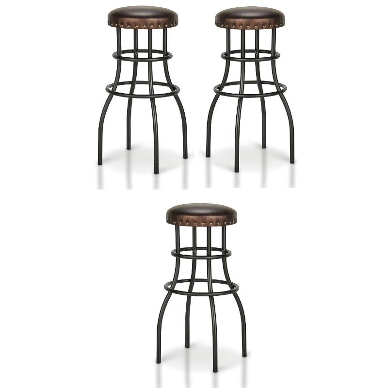 Home Square Casta Rustic Faux Leather Nailhead Bar Stool in Bronze - Set of 3