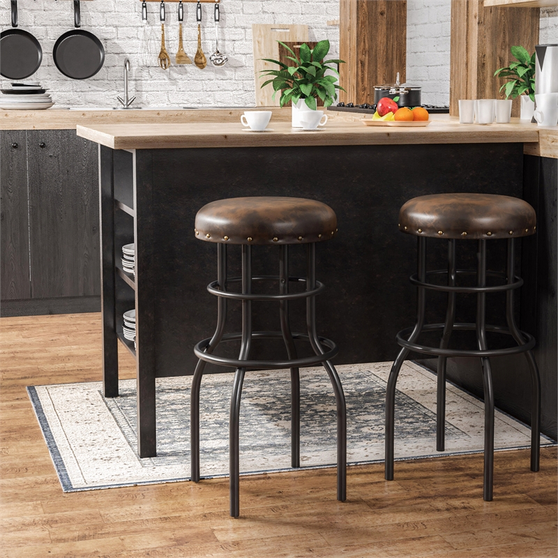 Home Square Casta Rustic Faux Leather Nailhead Bar Stool in Bronze - Set of 2