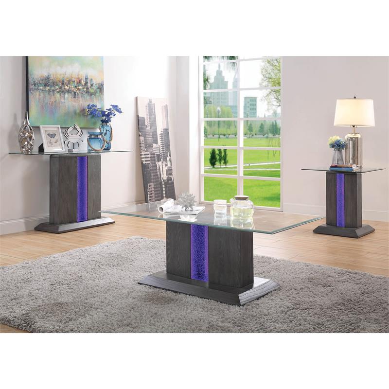 Home Square Syracuse Wood and Glass End Table with LED Light in Gray - Set of 2