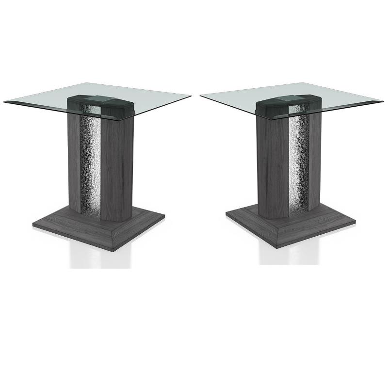 Home Square Syracuse Wood and Glass End Table with LED Light in Gray - Set of 2