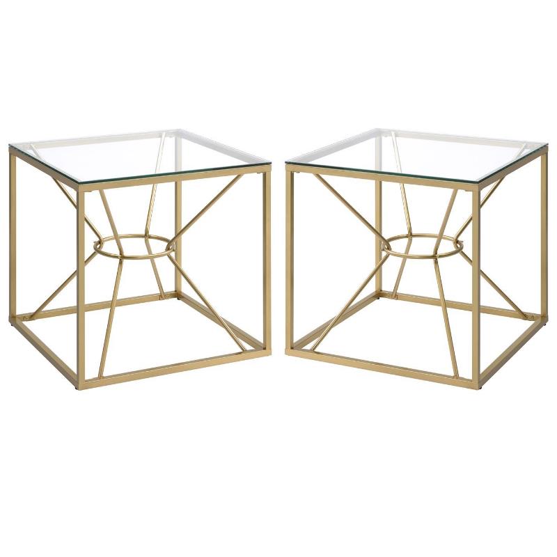 Home Square Cevelle Contemporary Glass Top End Table in Gold - Set of 2