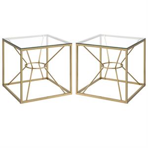 Home Square Cevelle Contemporary Glass Top End Table in Gold - Set of 2