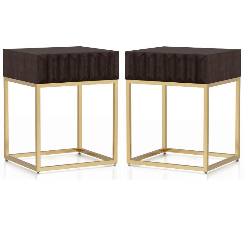 Home Square Giffore Wood 1-Drawer Side Table in Walnut and Gold - Set of 2
