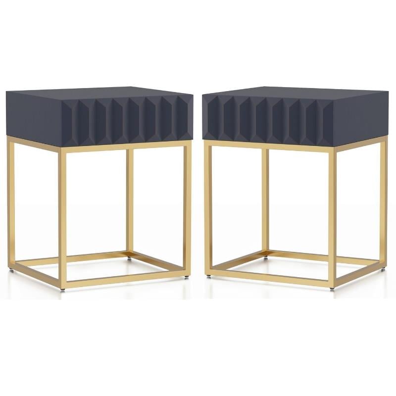 Home Square Wood 1-Drawer Side Table in Antique Blue and Gold - Set of 2