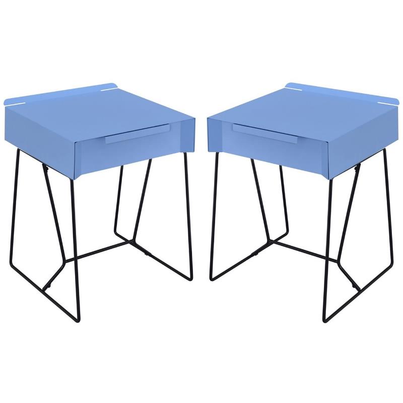 Home Square Eva Contemporary Metal 1-Drawer End Table in Blue - Set of 2
