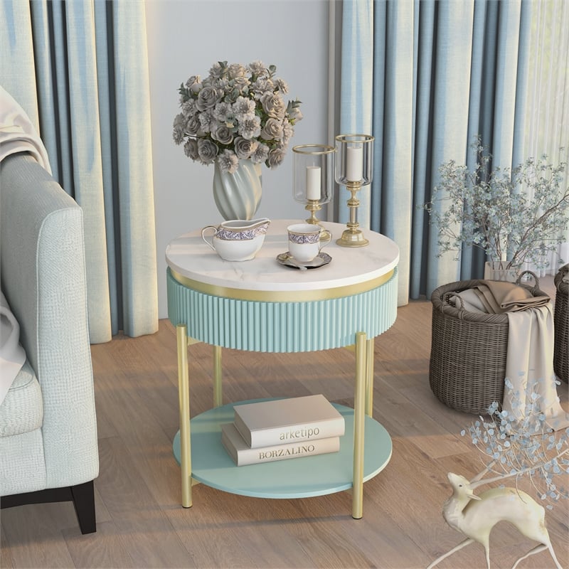 Home Square Timi Wood 1-Drawer End Table in Green and White - Set of 2