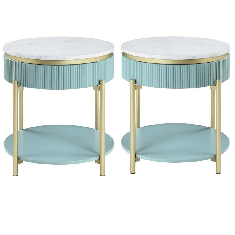 Home Square Timi Wood 1-Drawer End Table in Green and White - Set of 2