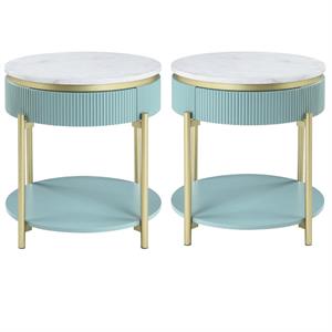 Home Square Timi Wood 1-Drawer End Table in Green and White - Set of 2