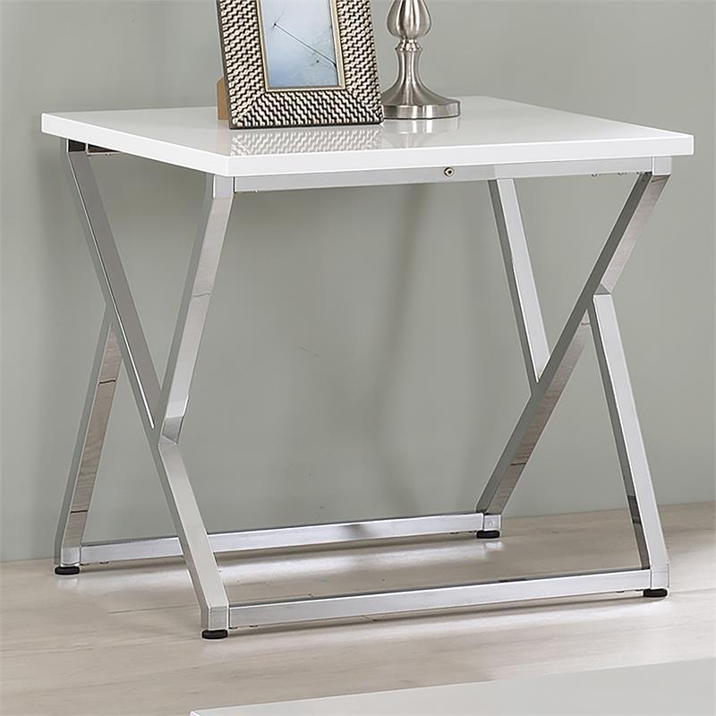 Home Square Mergo Wood Square End Table in Chrome and White - Set of 2