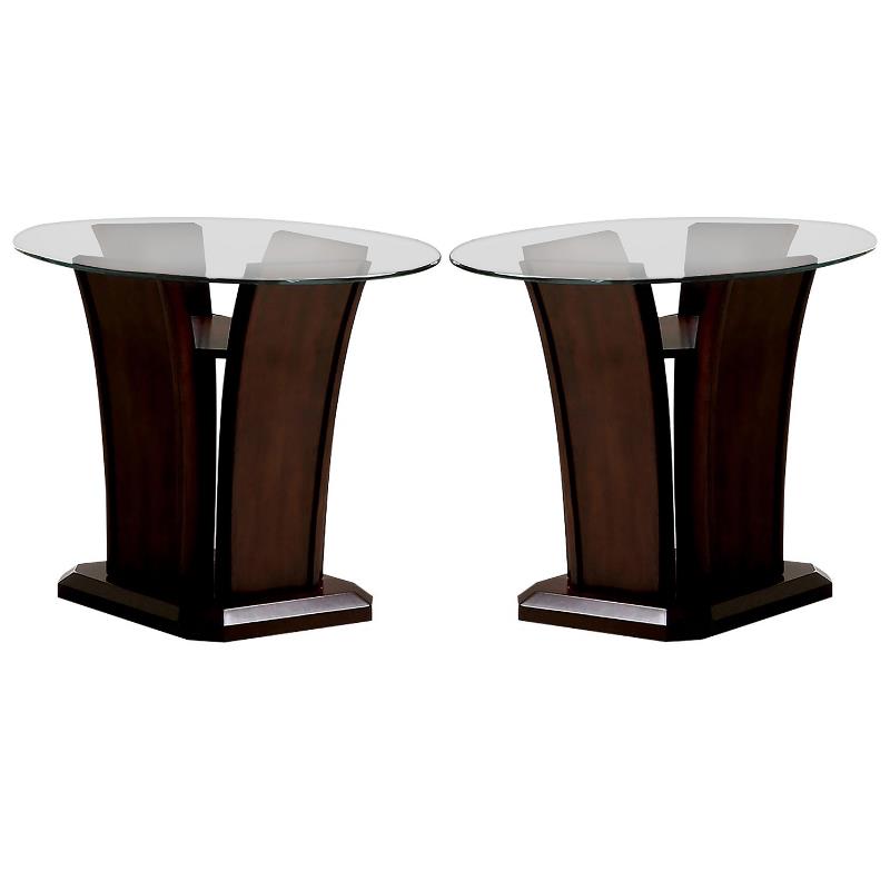 Home Square Lantler Round Glass Top End Table in Dark Cherry - Set of 2