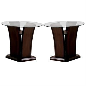 Home Square Lantler Round Glass Top End Table in Dark Cherry - Set of 2