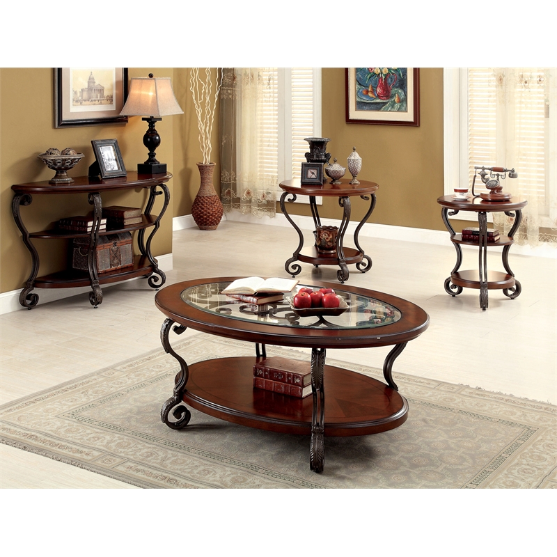 Home Square Azea Traditional Wood 2-Shelf Side Table Brown Cherry - Set of 2
