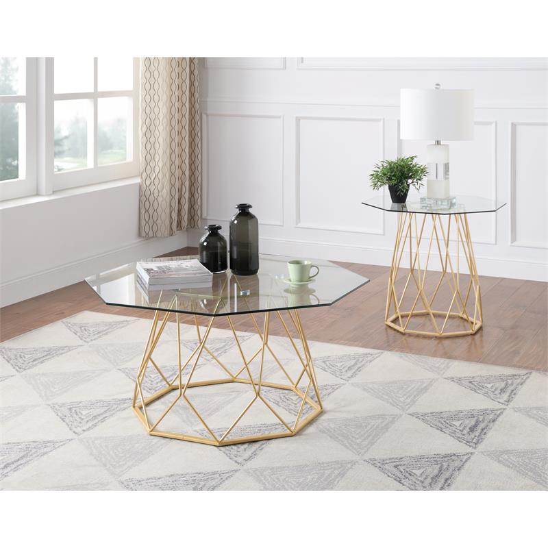 Home Square Growder Contemporary Glass Top End Table in Gold - Set of 2