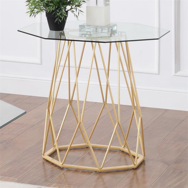 Home Square Growder Contemporary Glass Top End Table in Gold - Set of 2