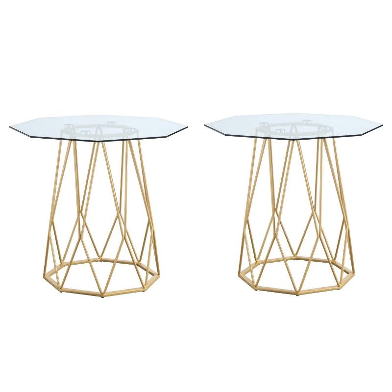 Home Square Growder Contemporary Glass Top End Table in Gold - Set of 2