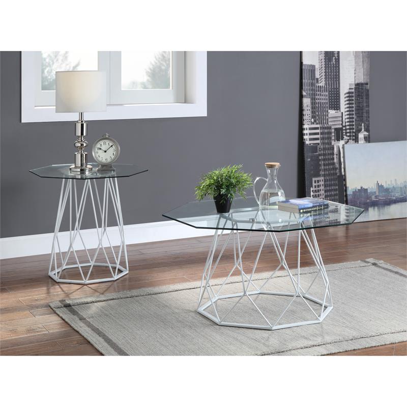 Home Square Growder Contemporary Glass Top End Table in White - Set of 2